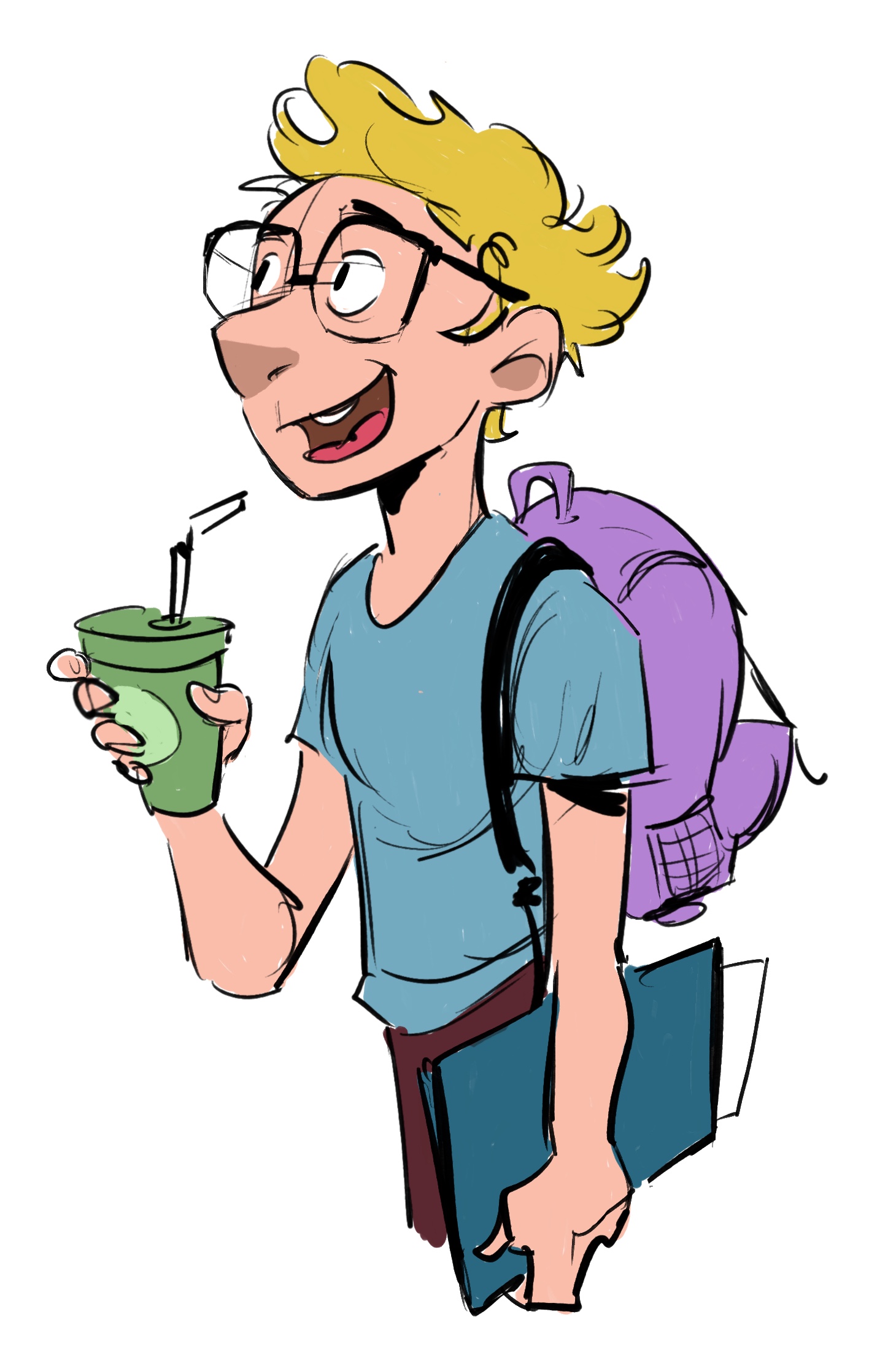 Sketch of a boy with glasses and a backpack